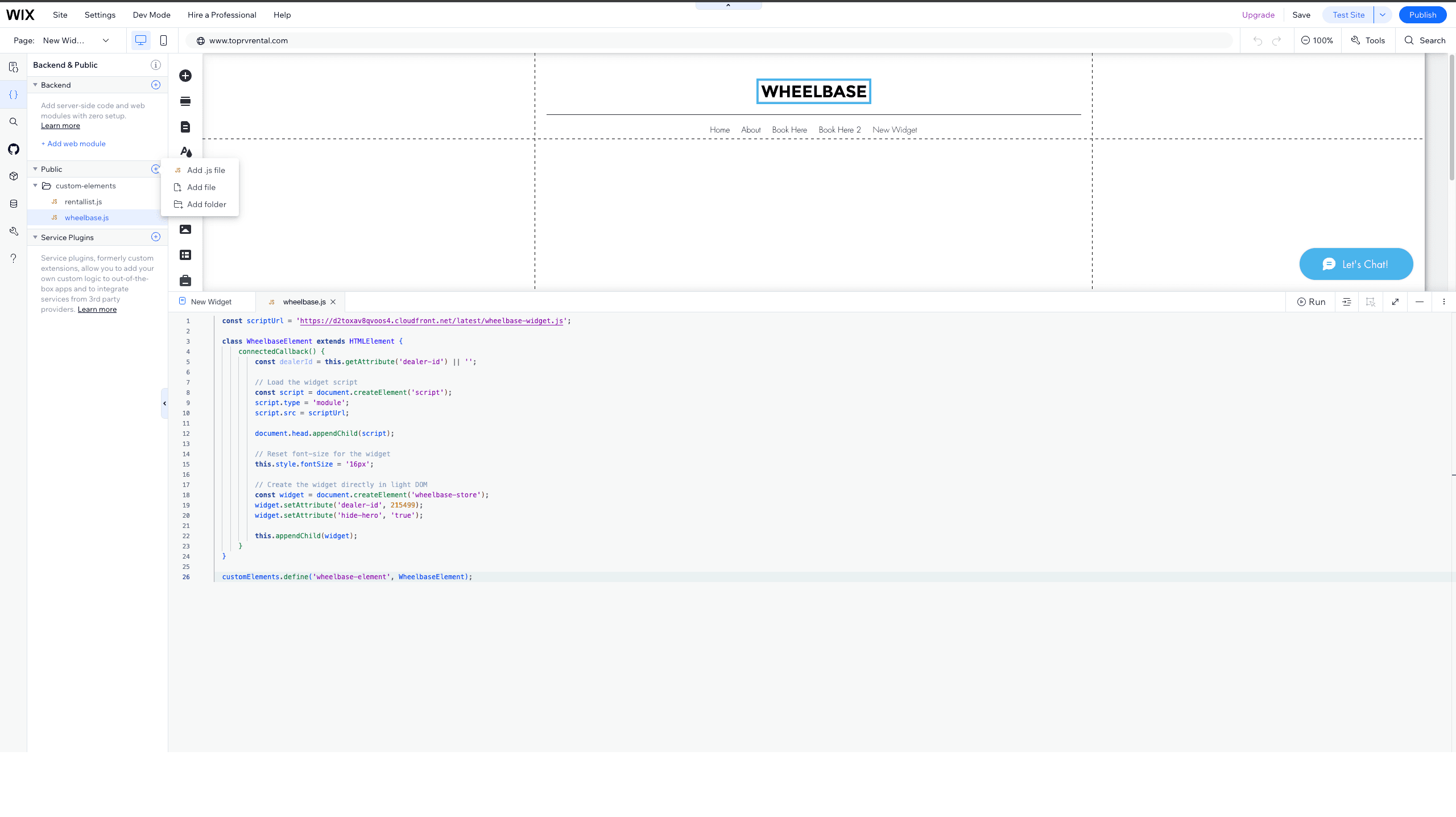 Creating a new file in the Backend & Public section