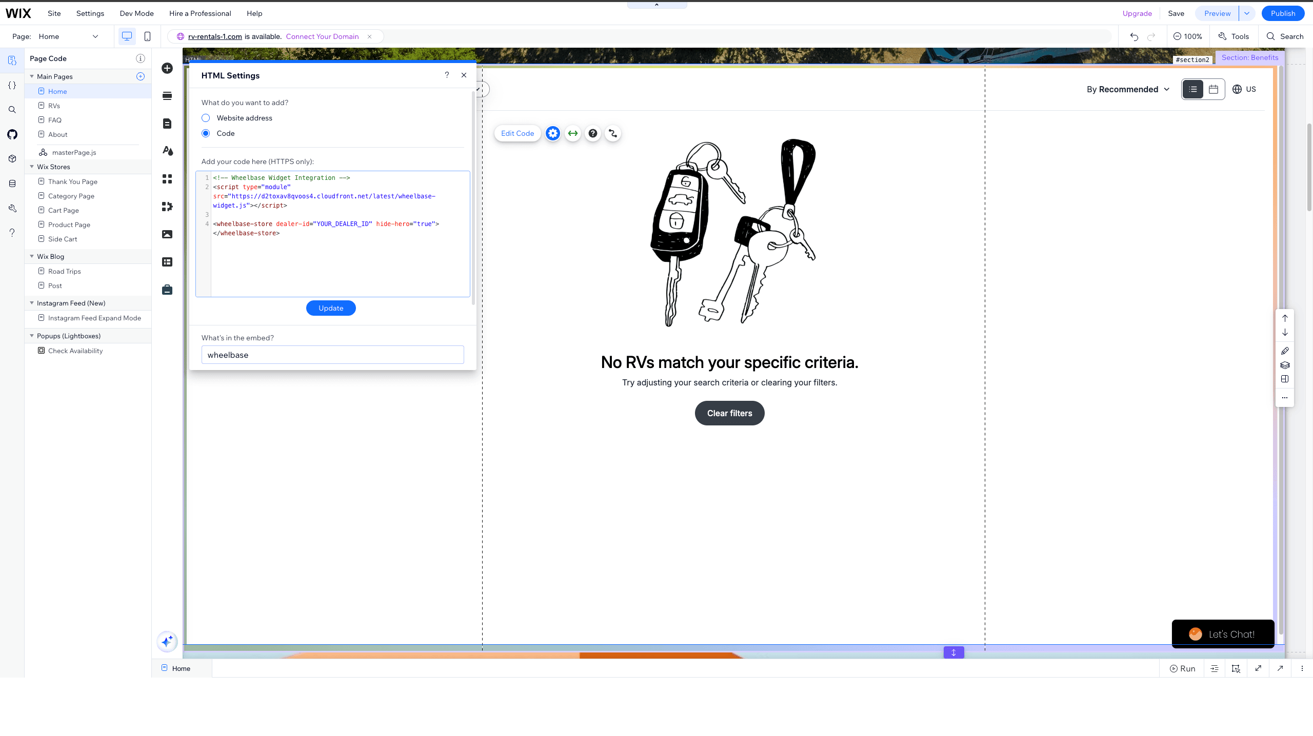 Pasting the widget code in the HTML Settings panel