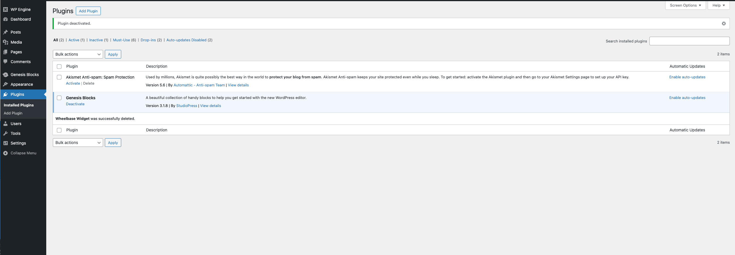 Plugins screen with Wheelbase Widget